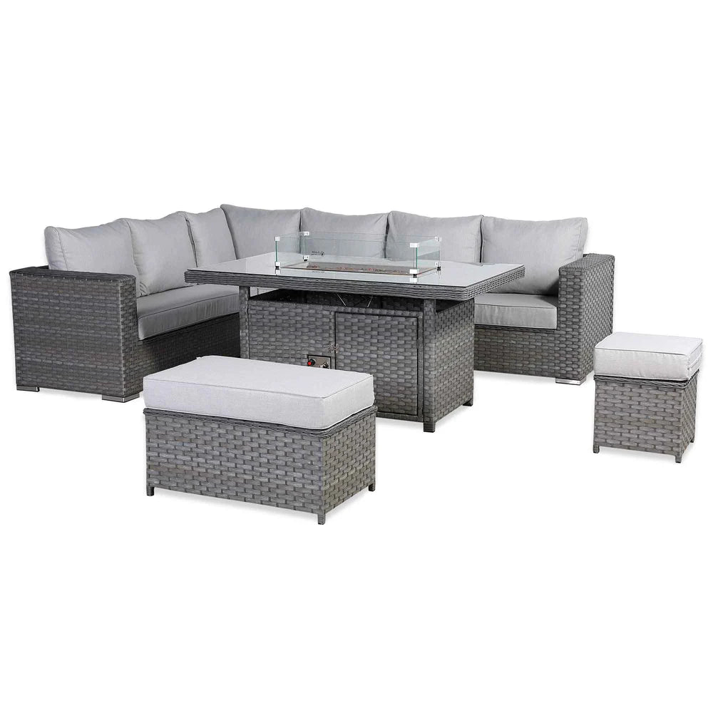 Catalina Range Modular Corner Sofa Set with Fire Pit Table in Large Grey Rattan