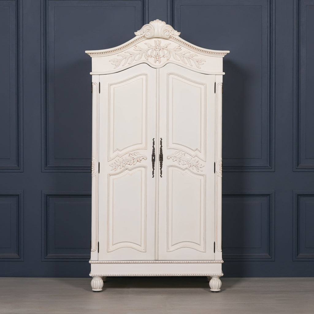Wooden Carved French Chateau White Double Armoire Wardrobe