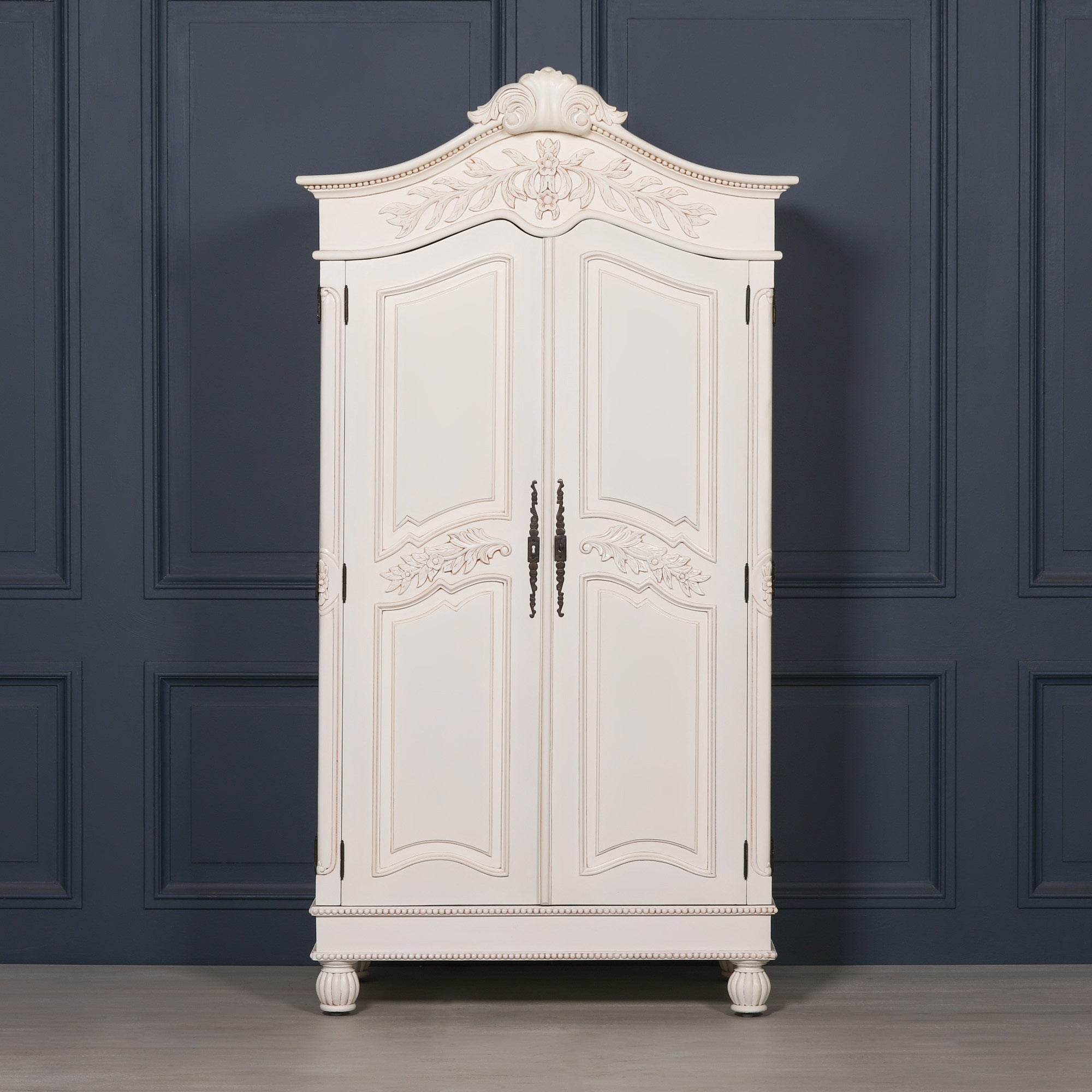 Wooden Carved French Chateau White Double Armoire Wardrobe