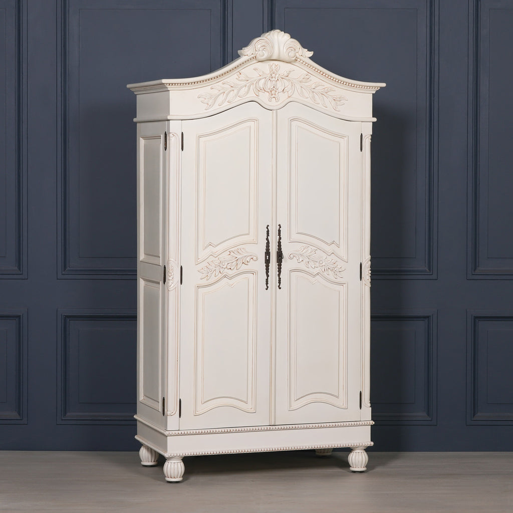 Wooden Carved French Chateau White Double Armoire Wardrobe