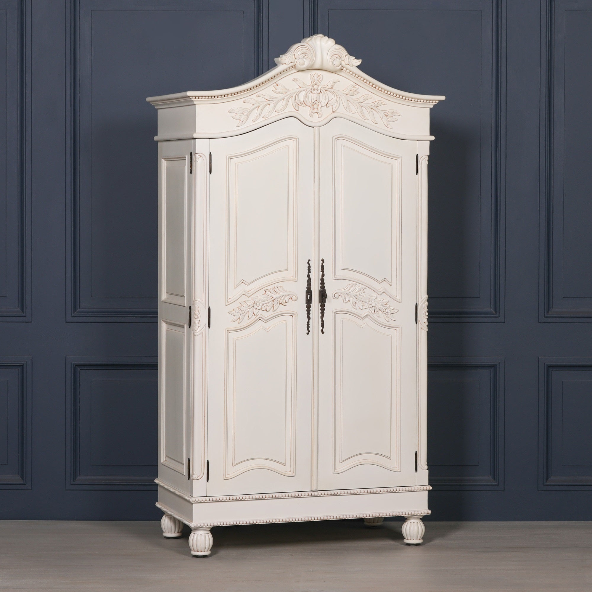 Wooden Carved French Chateau White Double Armoire Wardrobe