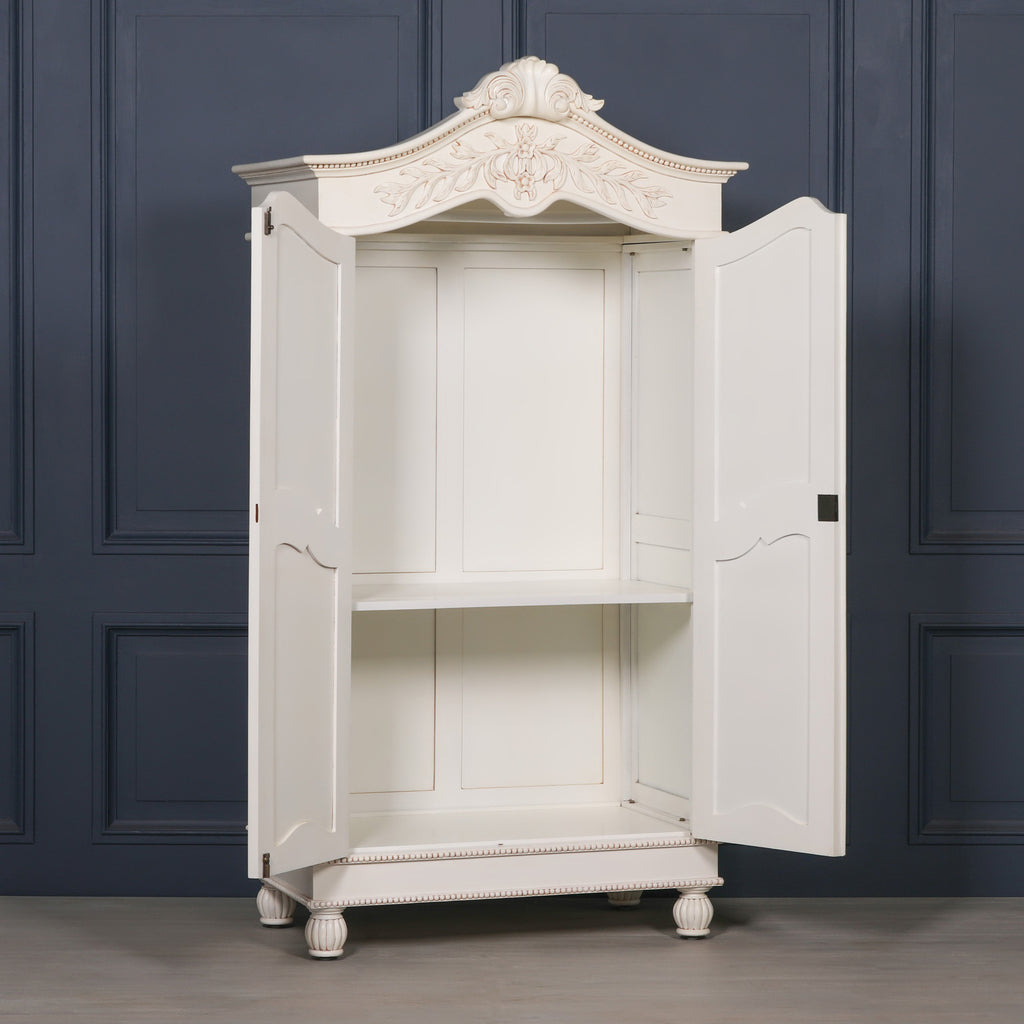 Wooden Carved French Chateau White Double Armoire Wardrobe