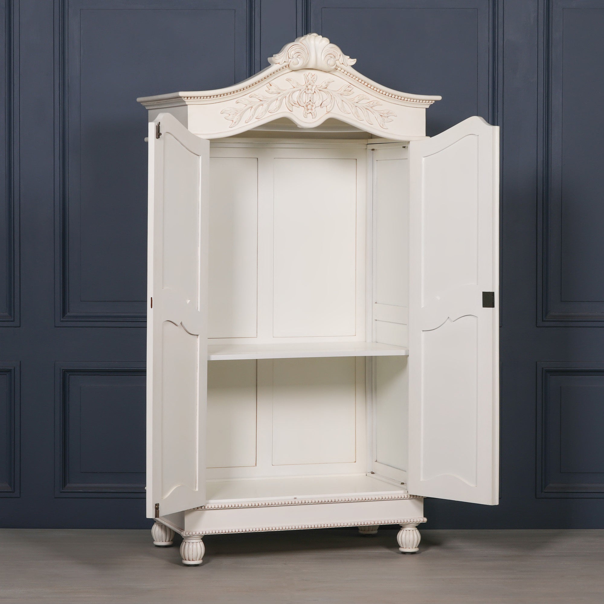 Wooden Carved French Chateau White Double Armoire Wardrobe