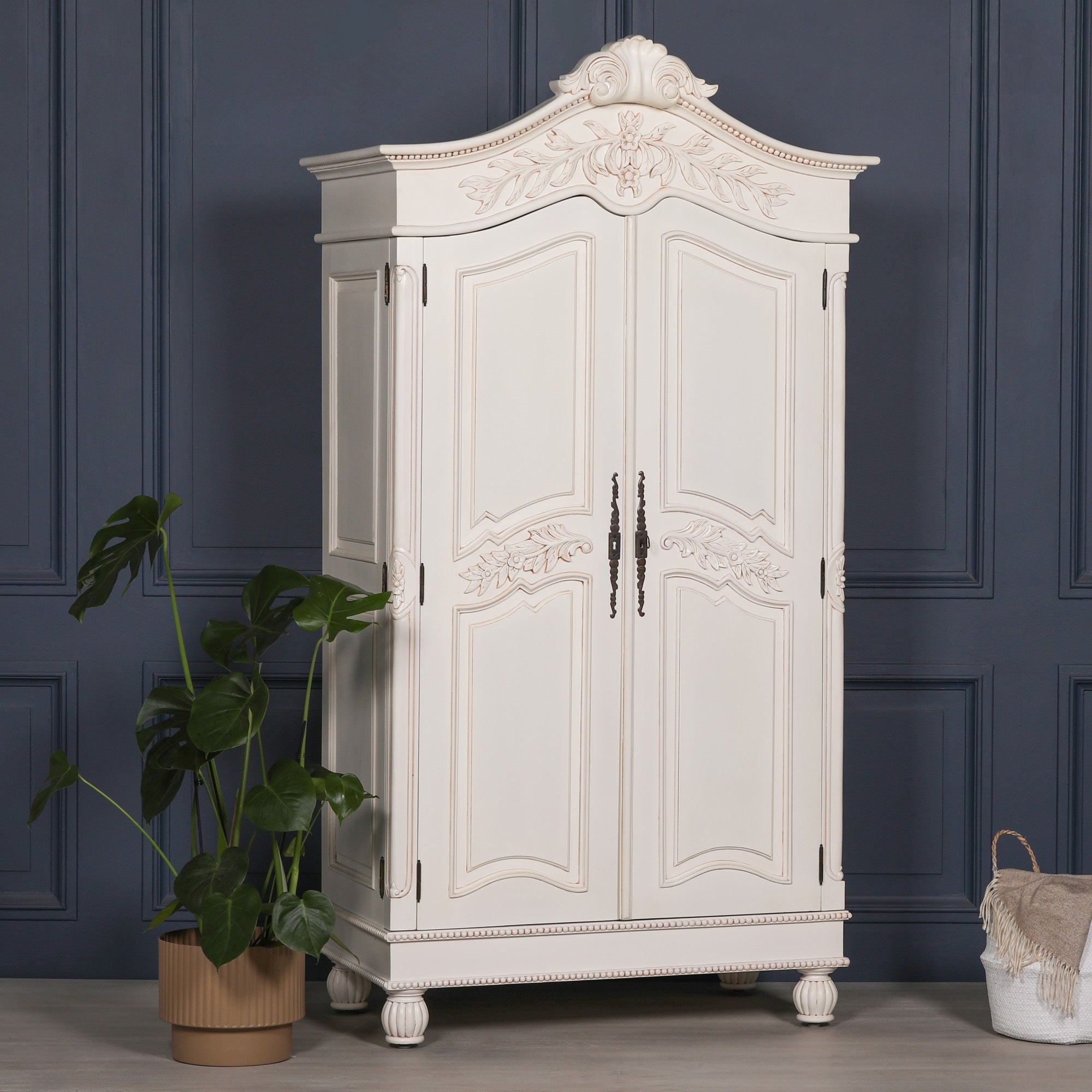 Wooden Carved French Chateau White Double Armoire Wardrobe