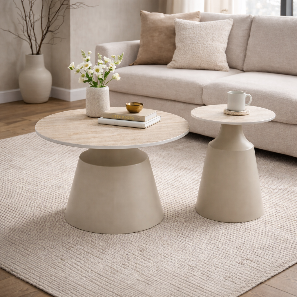 Luna Coffee & End Tables Matt Taupe & Travertine Set of 2