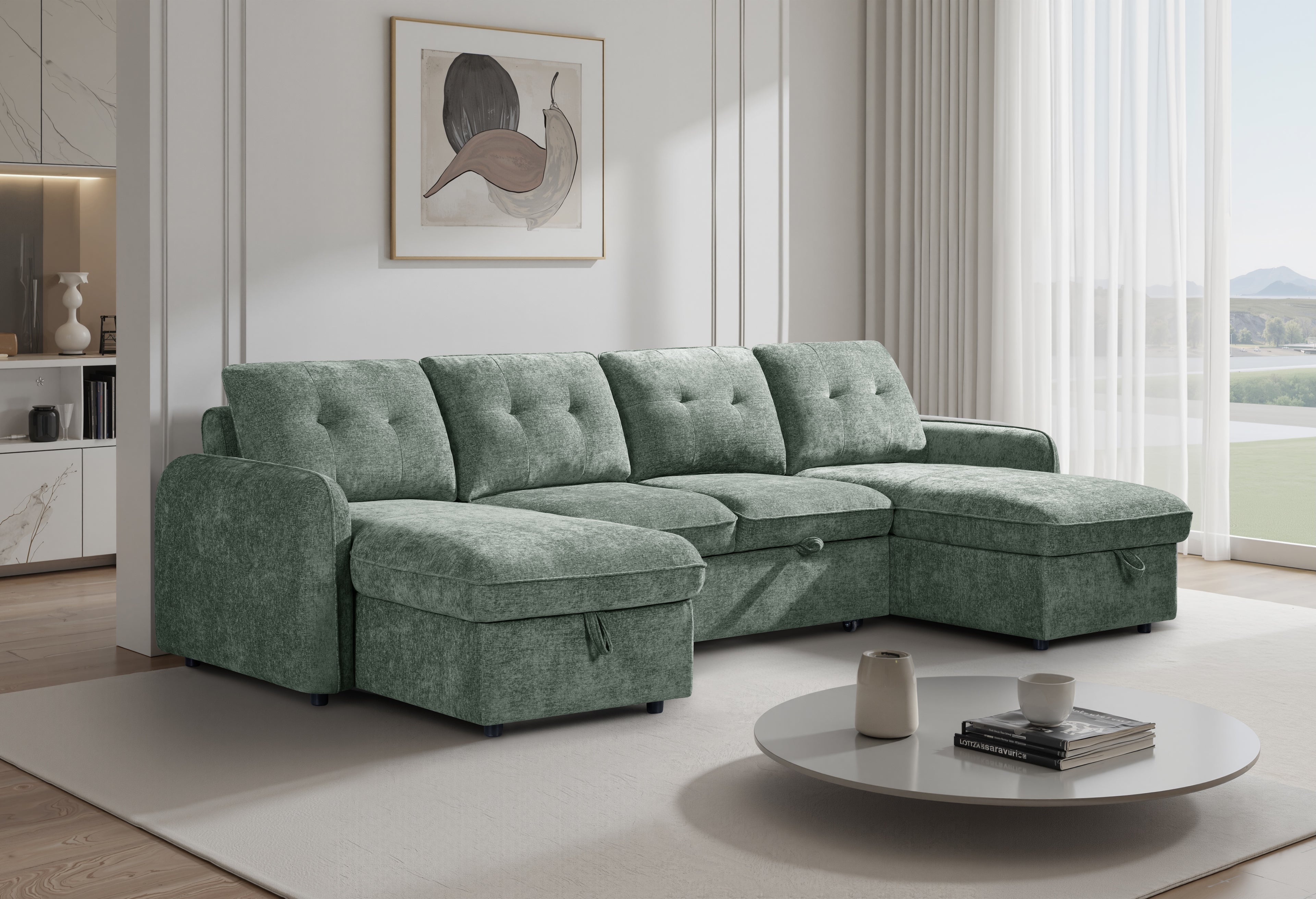 Moscow Universal U Shape Sofabed With Ottoman Storage Green Morgan | Malvern | Somerford | Calix | Euphoria | Plush Style