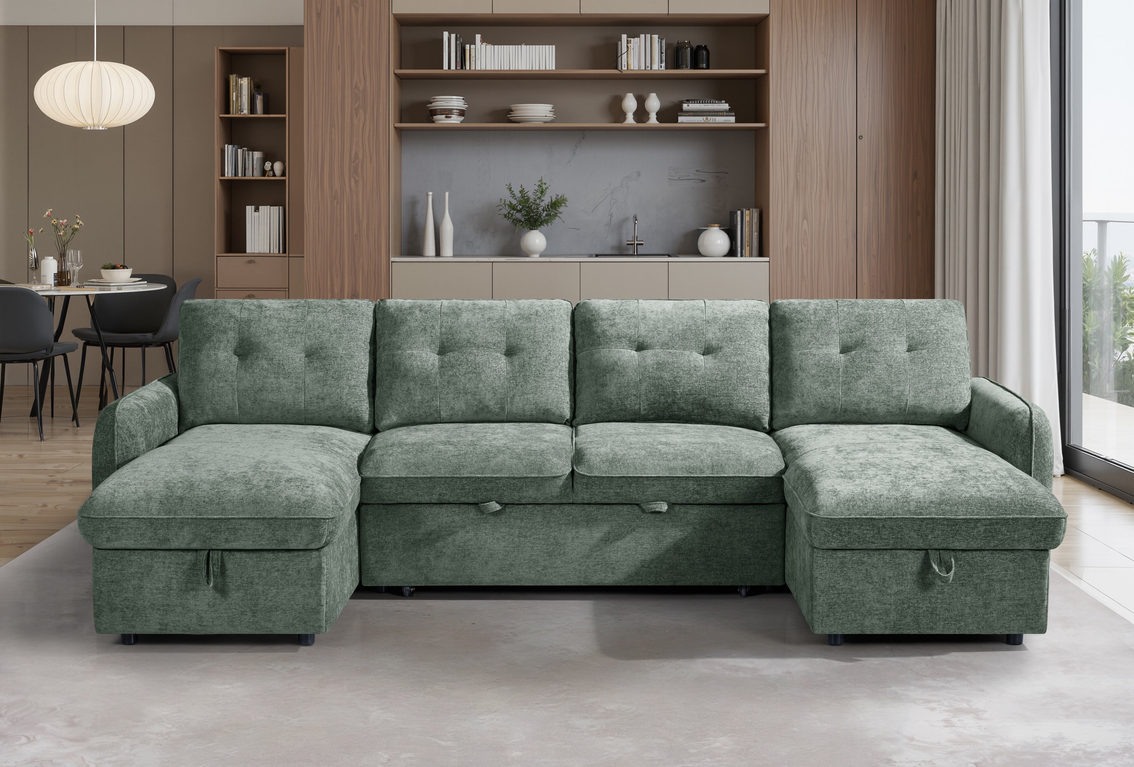 Moscow Universal U Shape Sofabed With Ottoman Storage Green Morgan | Malvern | Somerford | Calix | Euphoria | Plush Style