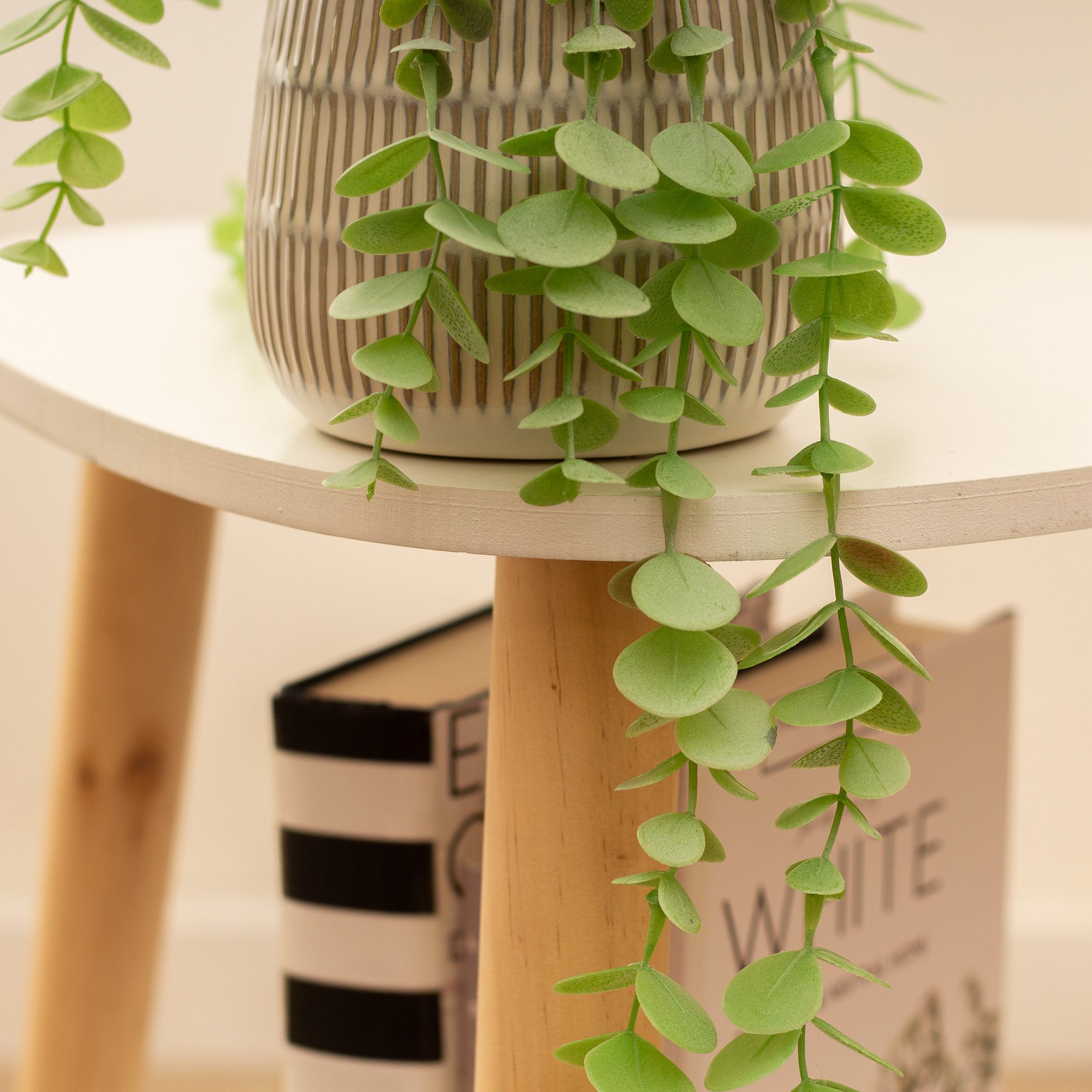 Set of 2 Plants in Beige Rustic Ribbed Ceramic Pots