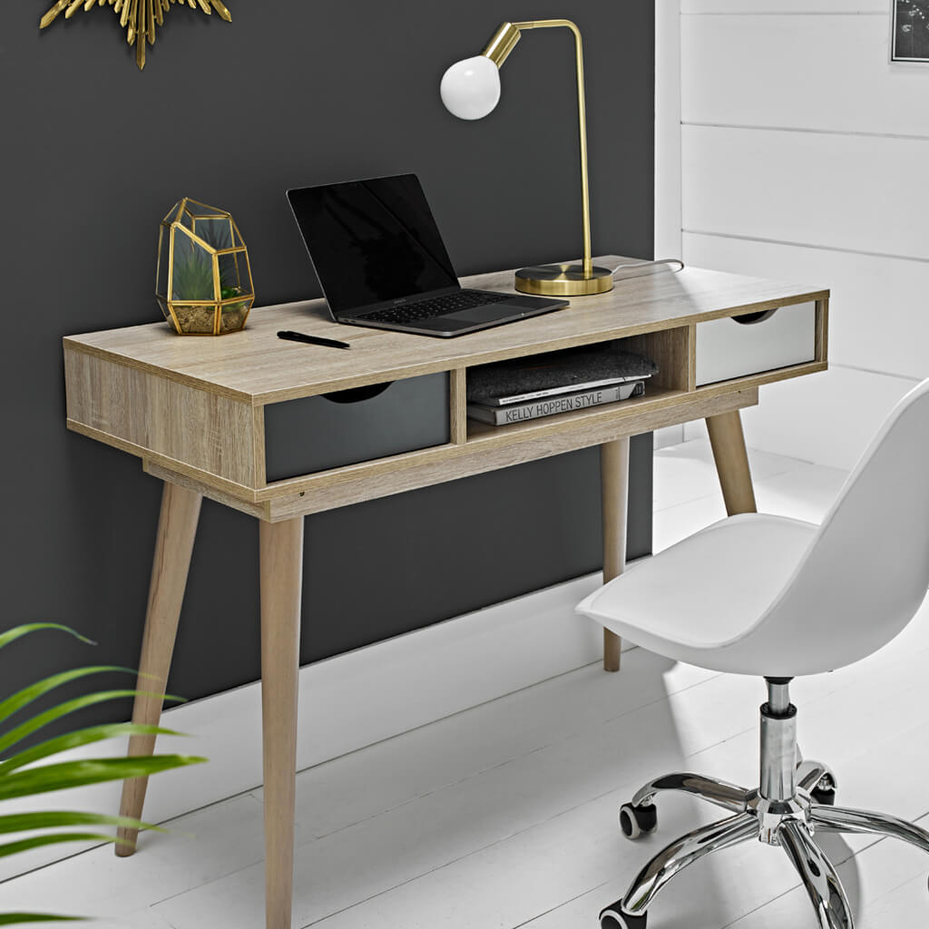 Scandi Desk Oak With Grey And White Drawers