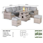 Square Rattan Dining Set with Rising Firepit Table Grey