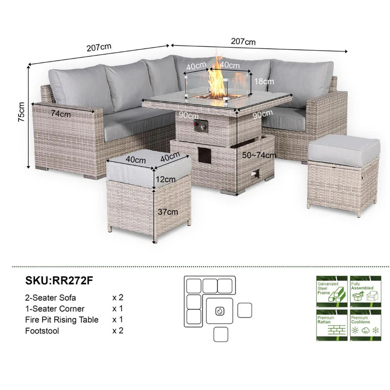Square Rattan Dining Set with Rising Firepit Table Grey