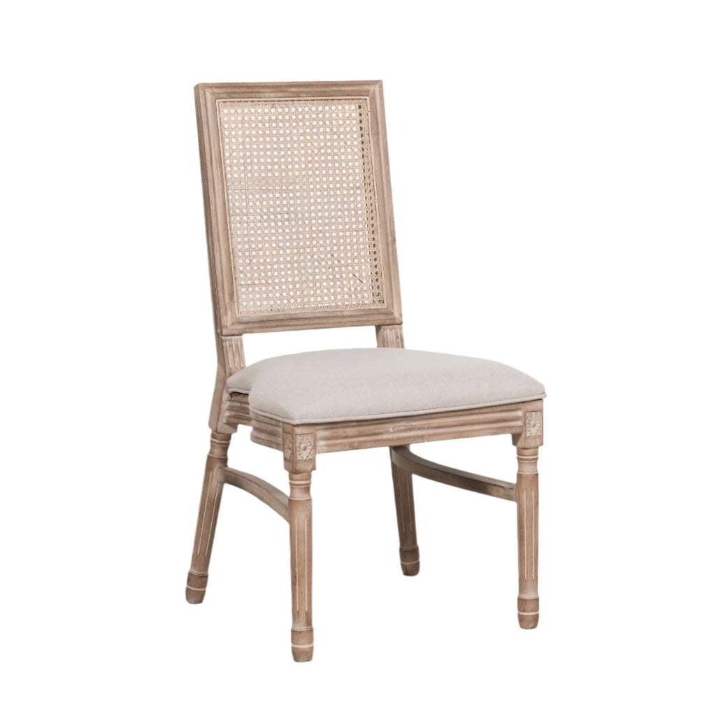 Wooden Louis Upholstered Square Rattan Back Dining Chair