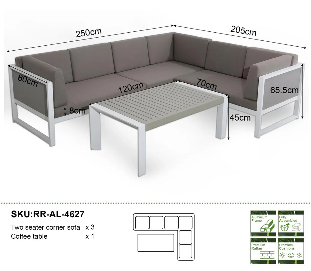 Roma Range Right Hand Corner Sofa Set in white Aluminium Frame with Grey Cushions