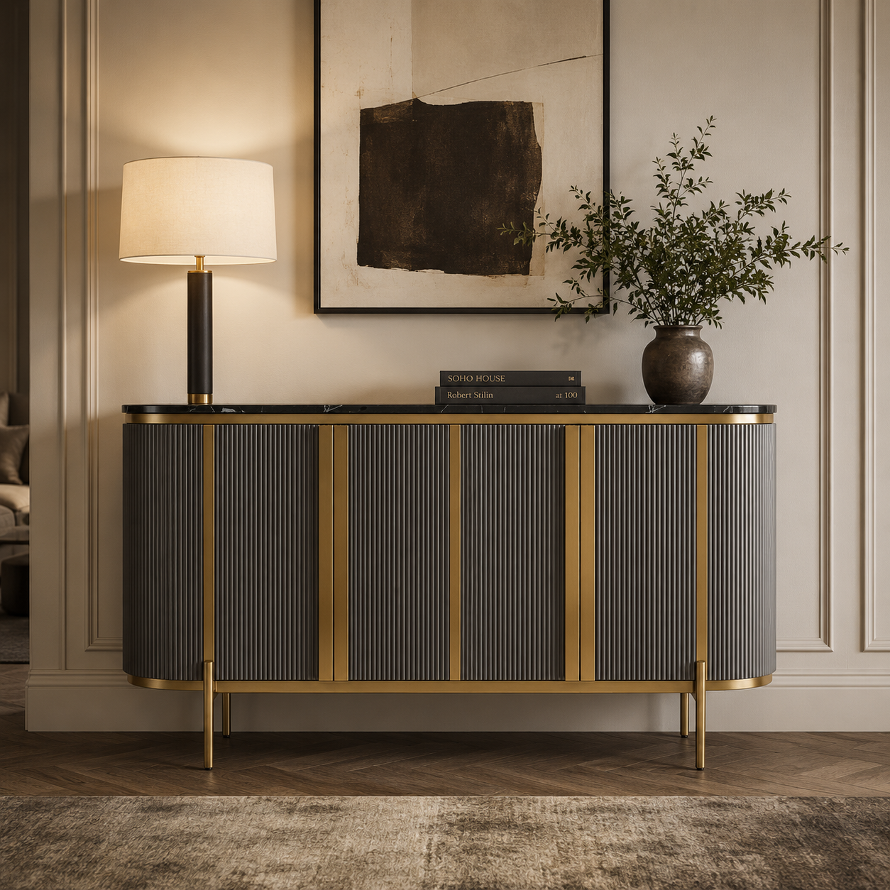 Dervio Grey Four Door Sideboard With Black Marble Top
