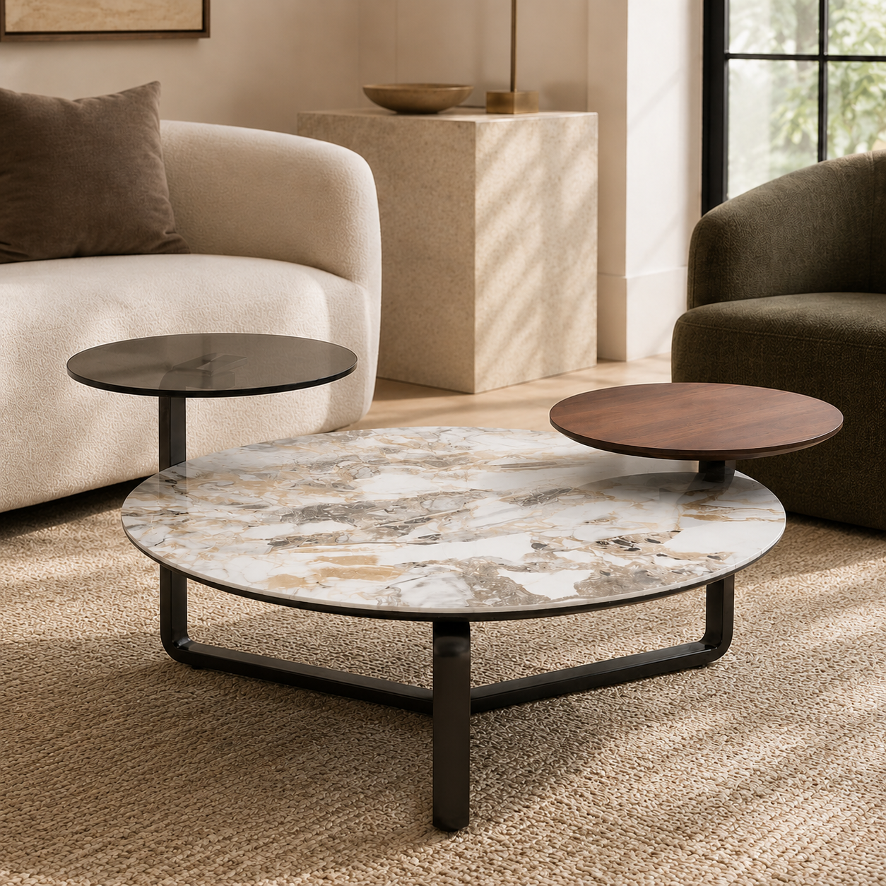 Imperia 3 Tier Round Ceramic Marble Effect Coffee Table