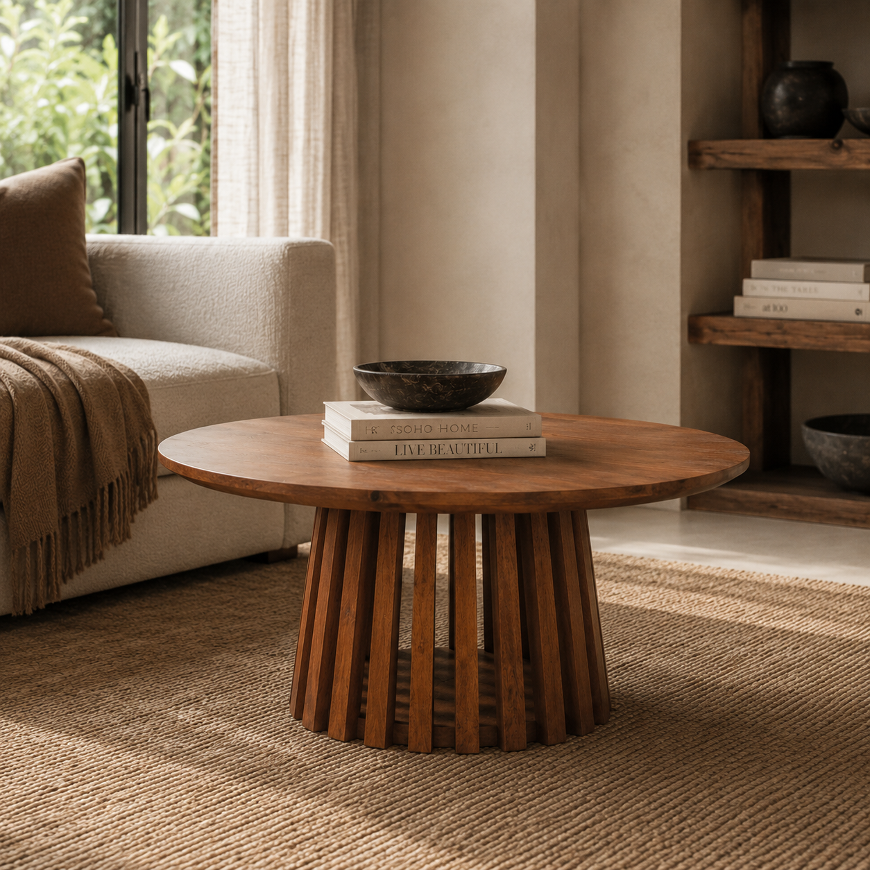 Slatted Mango Wood Round Coffee Table