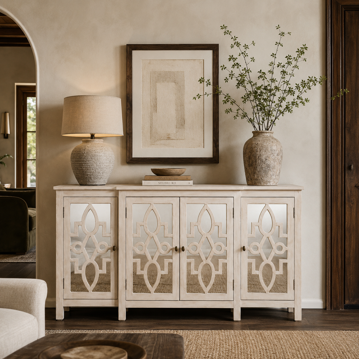 Wooden 4 Door Mirrored Breakfront Sideboard