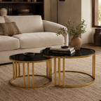 Alana Round Set of 2 Round Nesting Coffee Tables in Gold Base and Glass Top