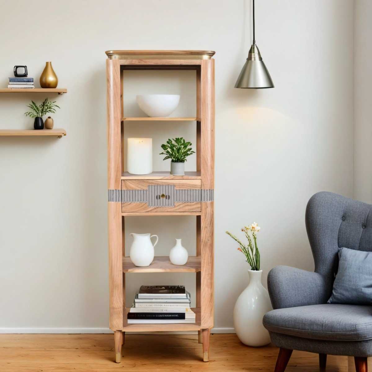 Metz Acacia Wood 1 Drawers Open Bookcase
