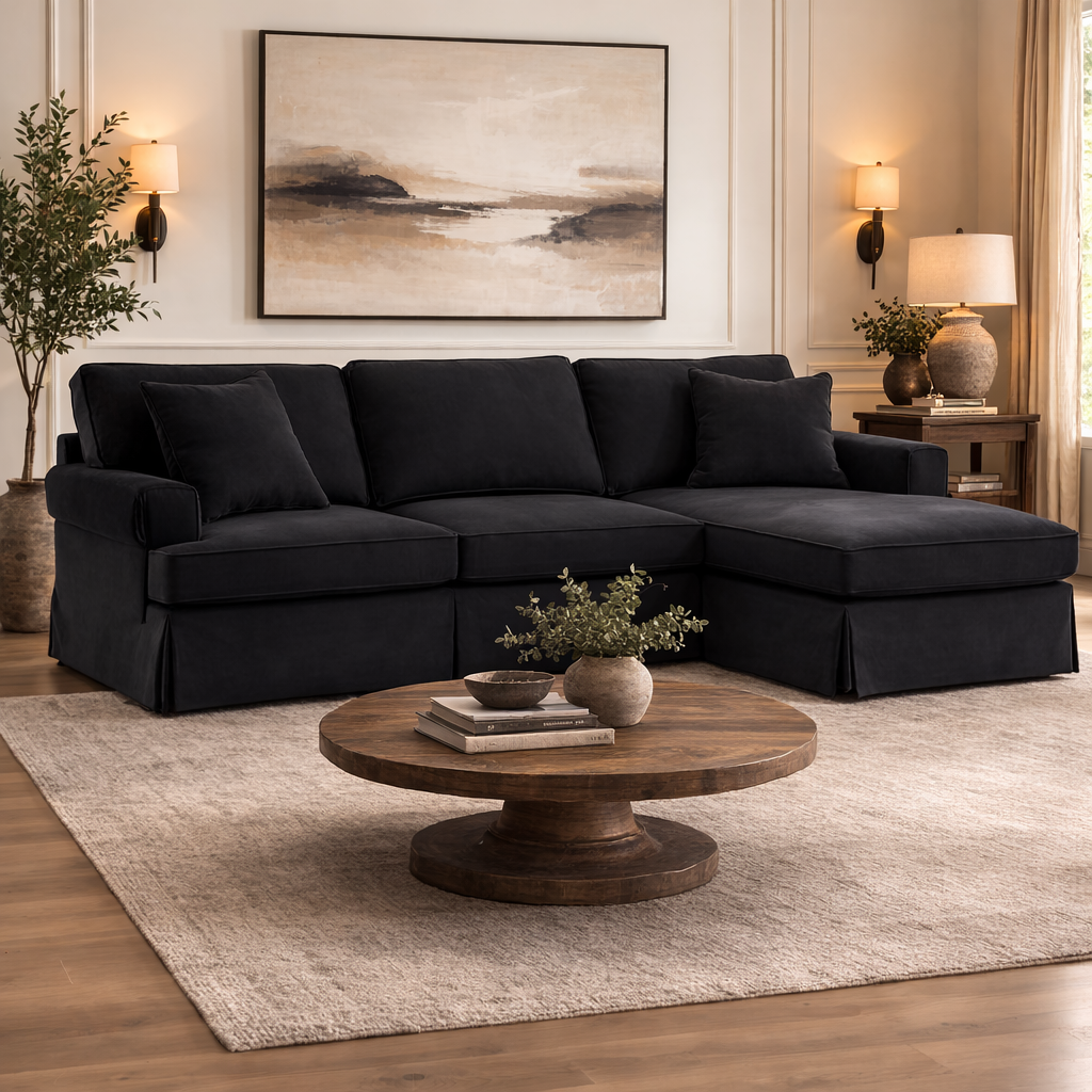 Ralph Three Seat Black Velvet Chaise Sofa