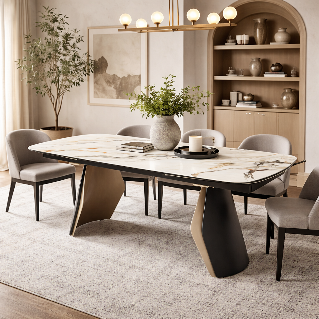 Fidenza Extending Dining Table Black Ash & Calacatta Verde