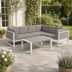Roma Range Right Hand Corner Sofa Set in white Aluminium Frame with Grey Cushions