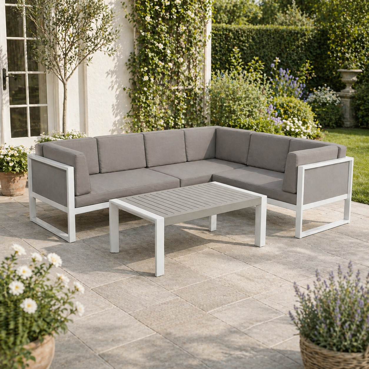 Roma Range Right Hand Corner Sofa Set in white Aluminium Frame with Grey Cushions