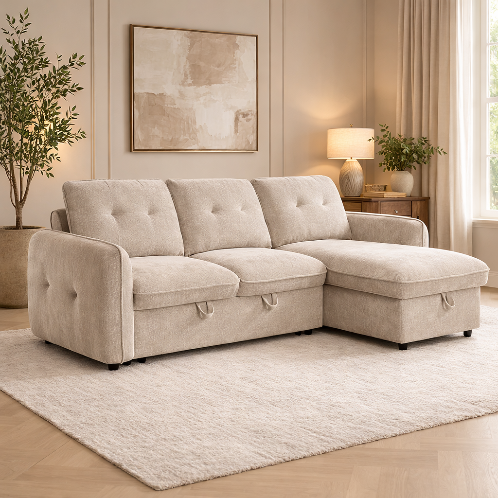 Moscow Universal L Shape Corner Sofa Bed Beige With Ottoman Storage Eastley | Kip | Quercioli | Barete | Metropolitan | Portobello | Aissa Style