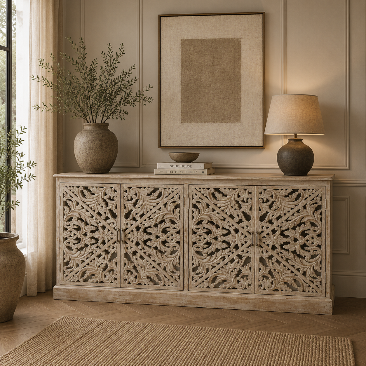 Wooden Ornate Carved Mirror Door Sideboard