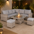 Square Rattan Dining Set with Rising Firepit Table Grey