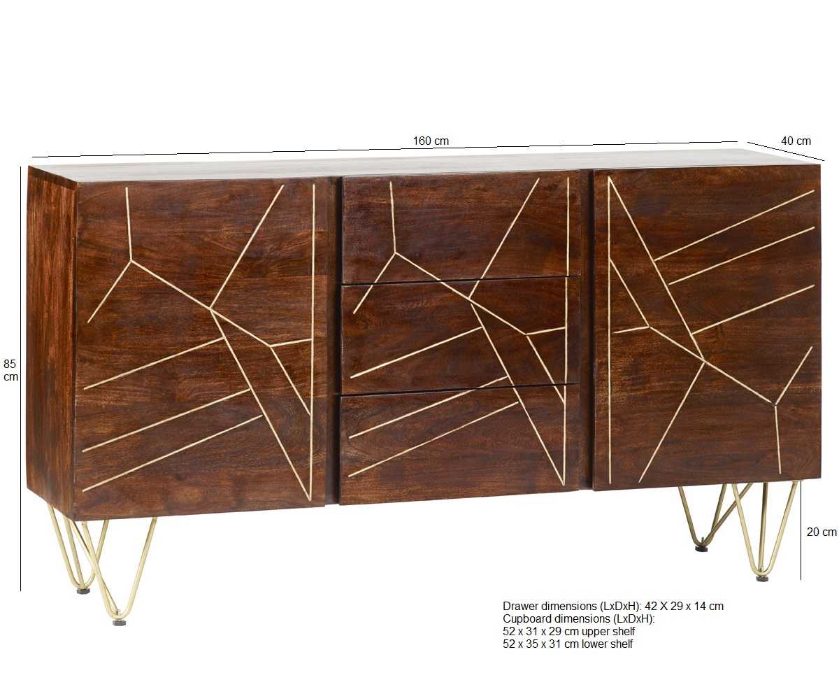 Jai Solid Mango Wood Extra Large Sideboard 3 Drawers and 2 Doors