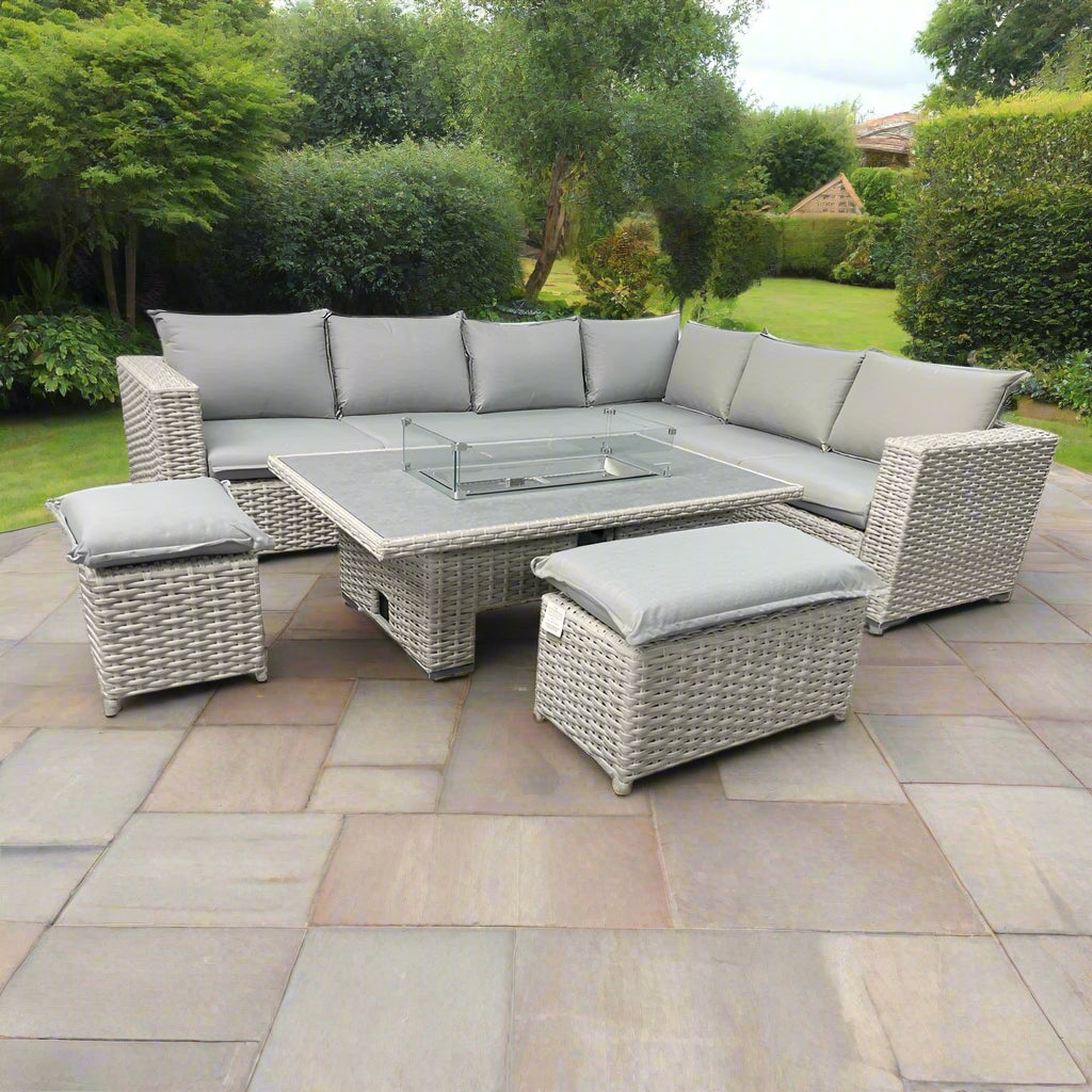 Sorrento Rattan Corner Sofa And Adjustable Fire Pit Table With Large And Small Bench