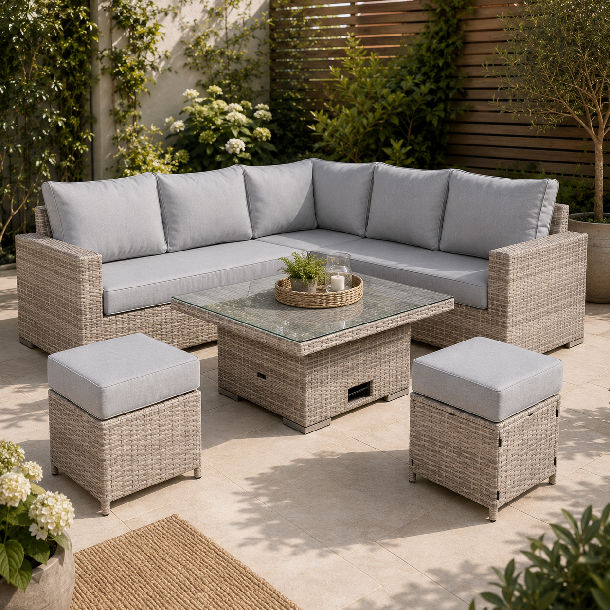 Square Dining Set with Rising Table – Modern Outdoor Design