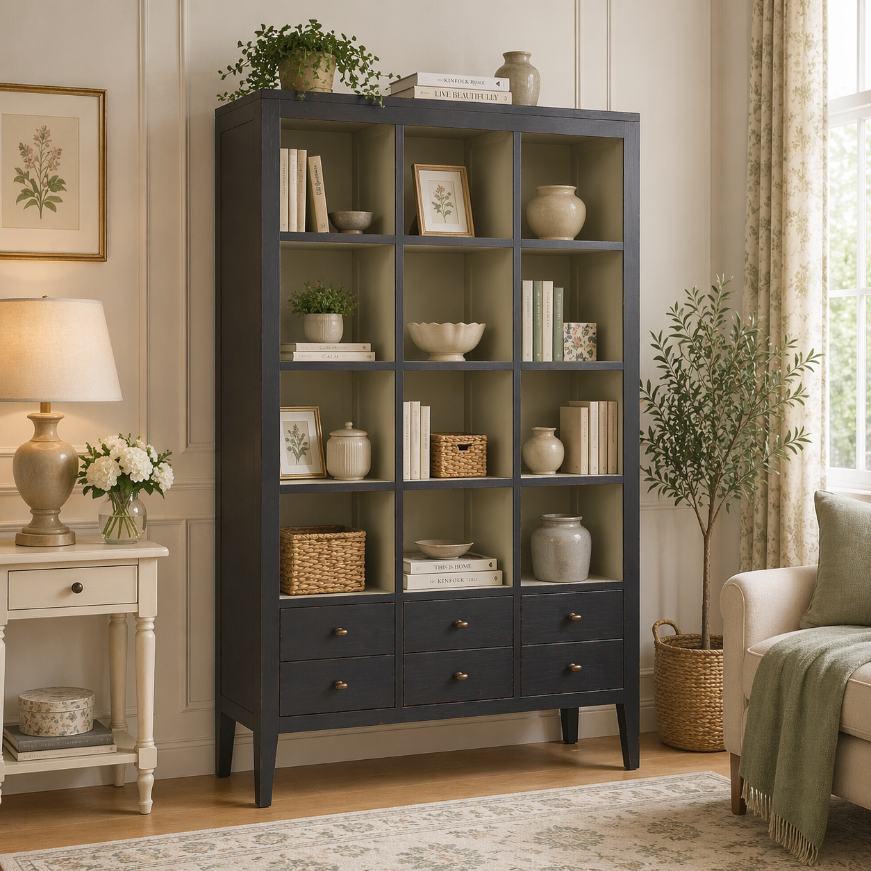 Barwick Charcoal & Soft Natural 6 Drawer Triple Bookcase