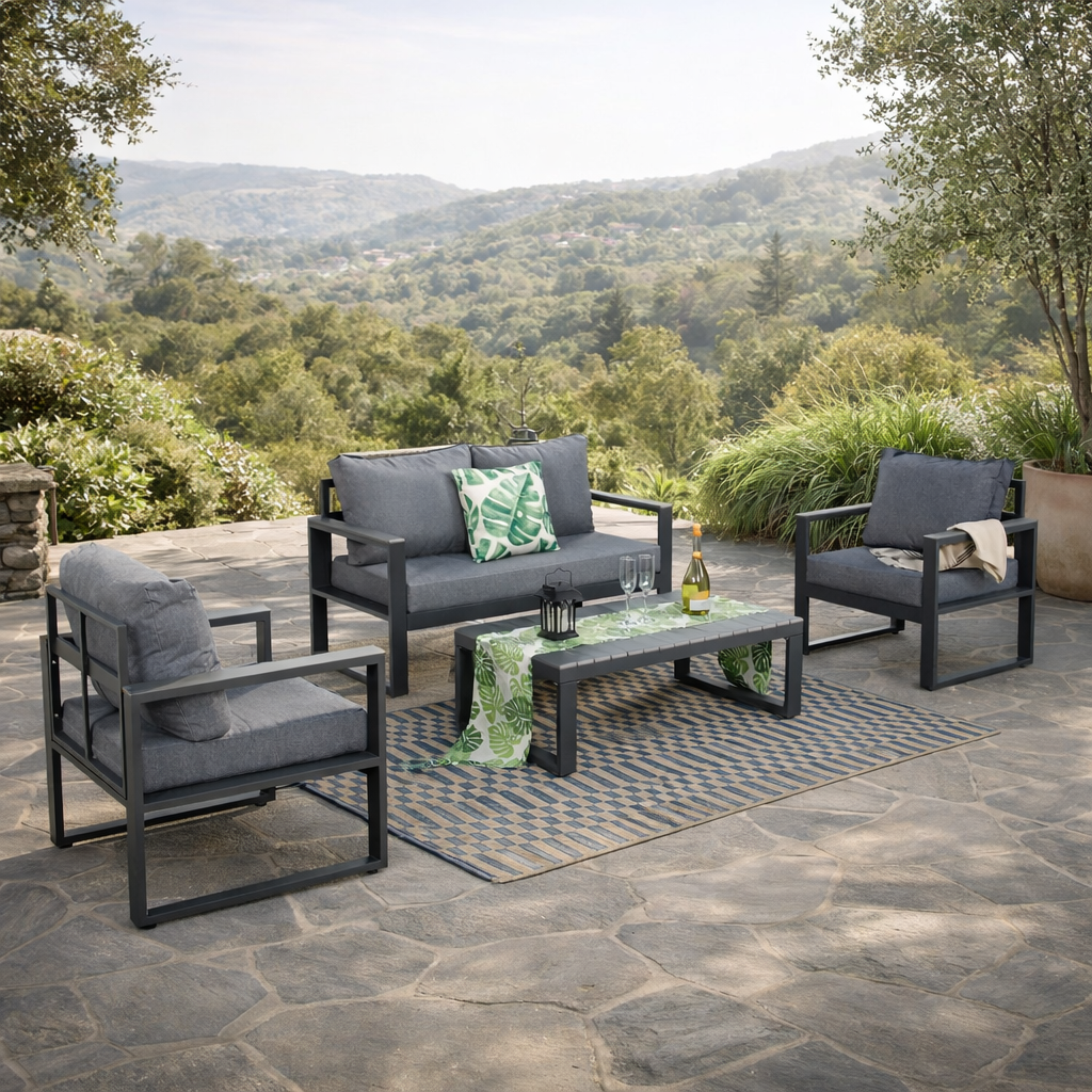 Dune Range Large Sofa Set Charcoal Aluminium Frame With Grey Cushions