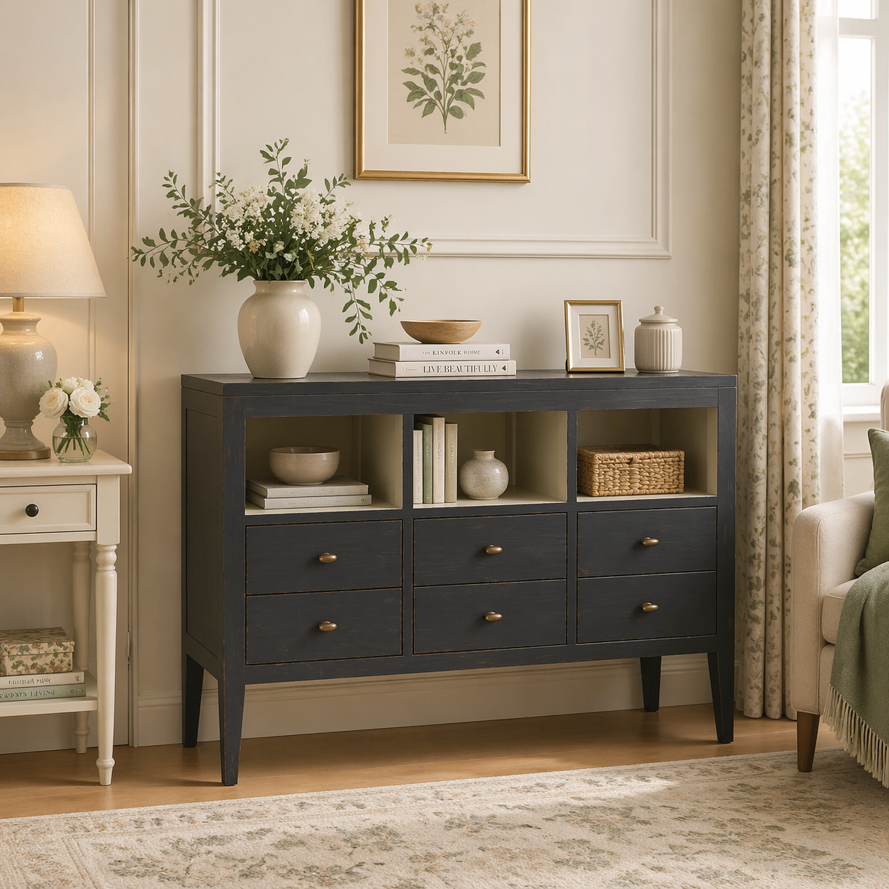 Barwick Charcoal & Soft Natural 6 Drawer Low Bookcase