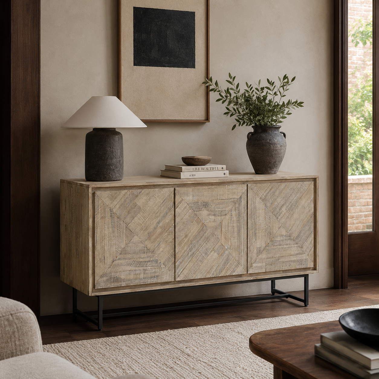 Marca Sand Wash Acacia Wood and Black Metal 3 Door Sideboard