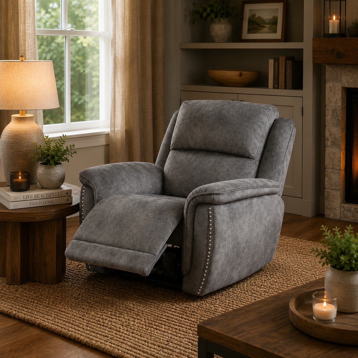 Majestic Grey Lay-Z-Boy Style Fabric Power Recliner Armchair