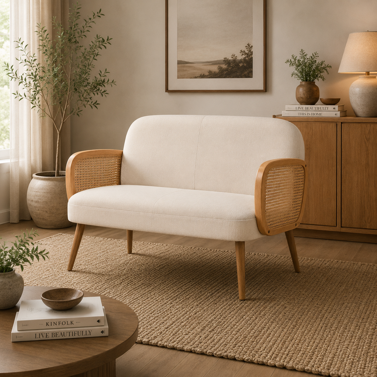 Cebu Ivory Fabric and Cane 2 Seat Sofa with Elm Wood Legs