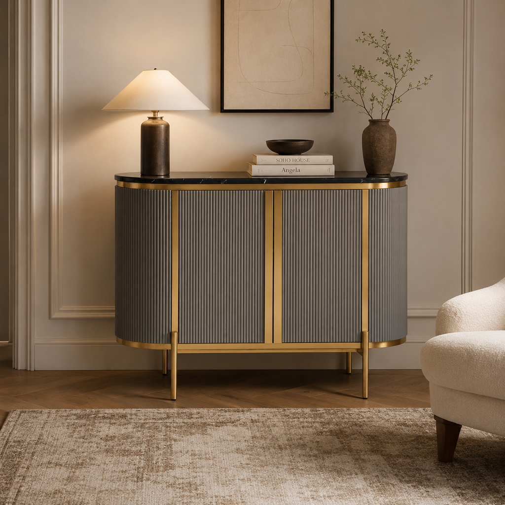 Dervio Grey Two Door Sideboard with Black Marble Top