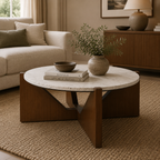 Winton Travertine Top Coffee Table With Acacia Wood Frame