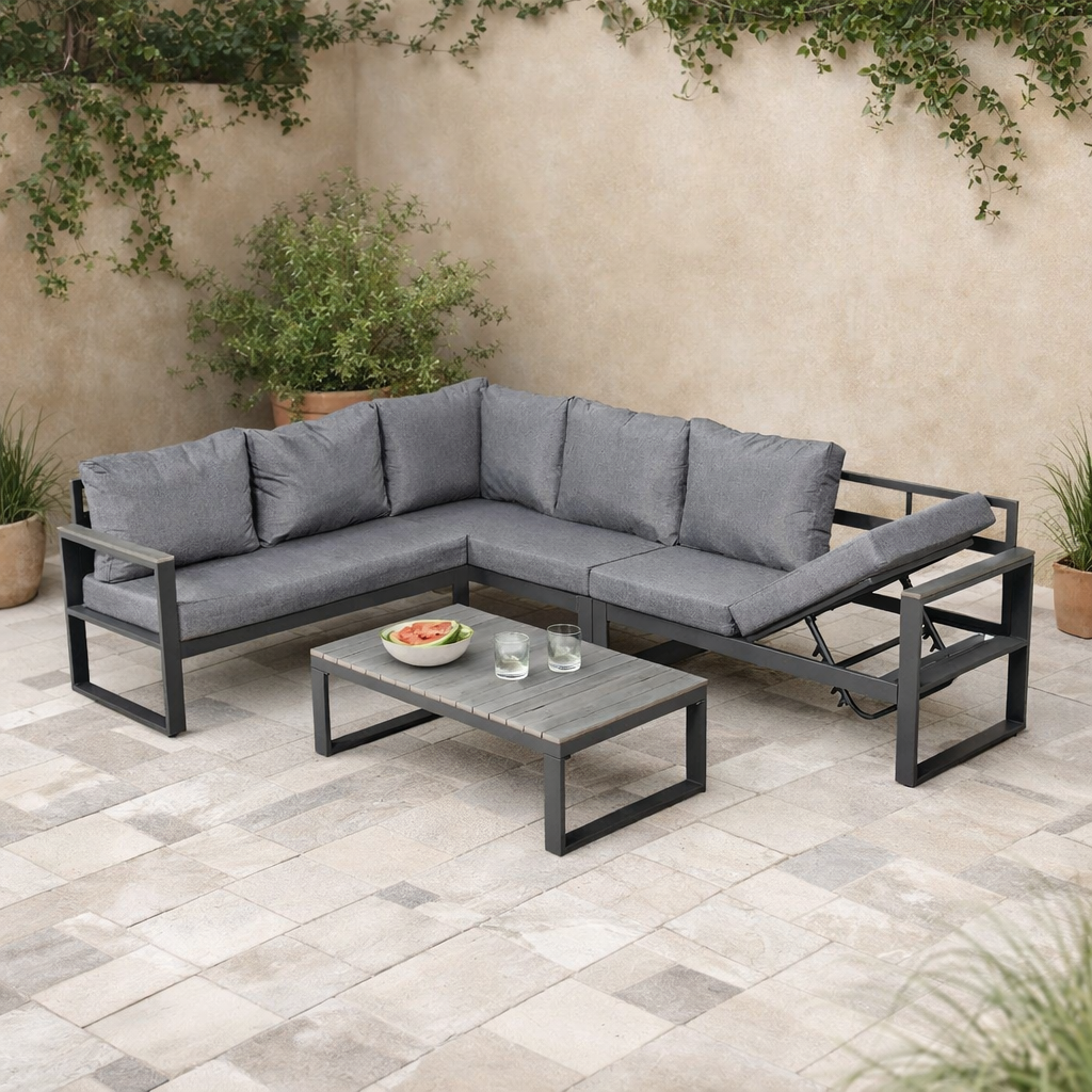 Dune Range LHF Corner Set Charcoal Aluminium Frame With Charcoal Cushions