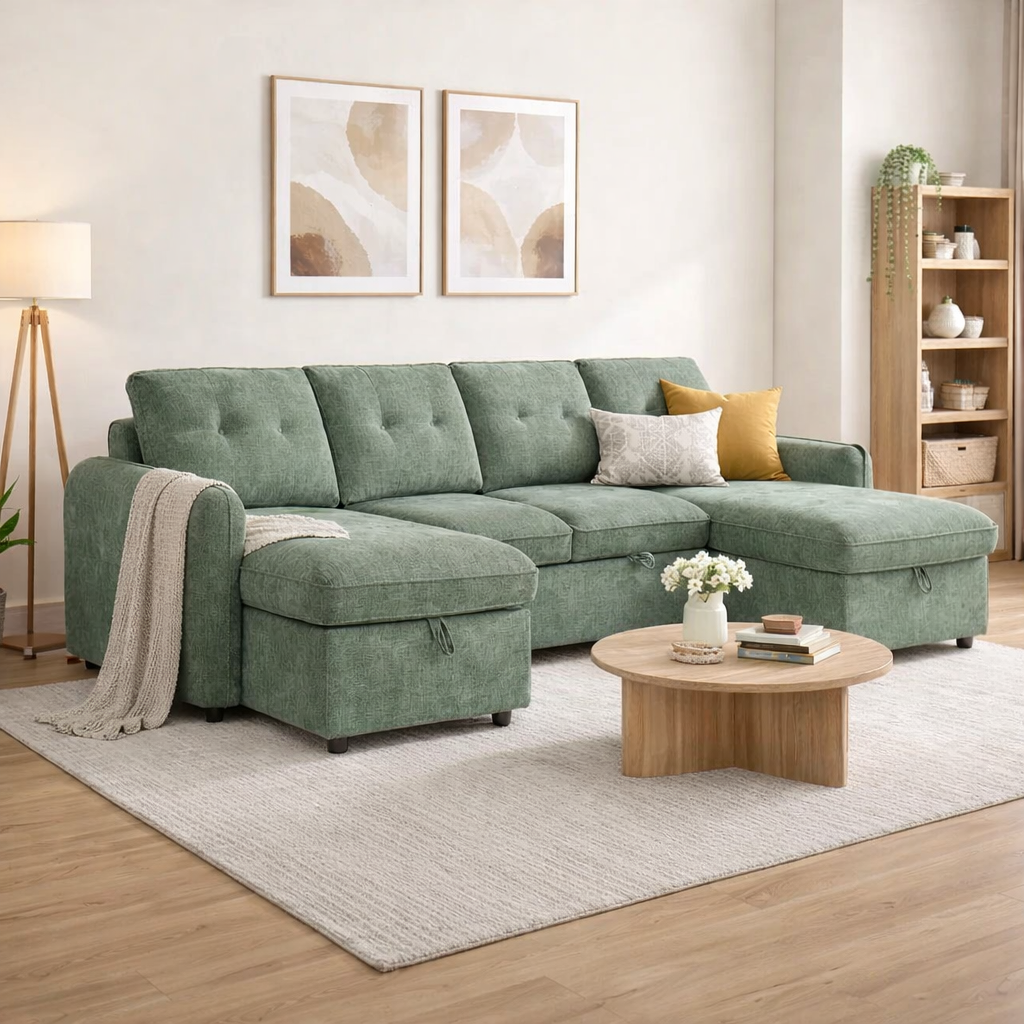 Moscow Universal U Shape Sofabed With Ottoman Storage Green Morgan | Malvern | Somerford | Calix | Euphoria | Plush Style