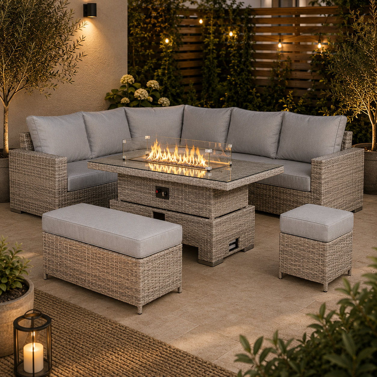 Aurora Range High Back Left Hand Corner Sofa Set with Fire Pit Rising Table