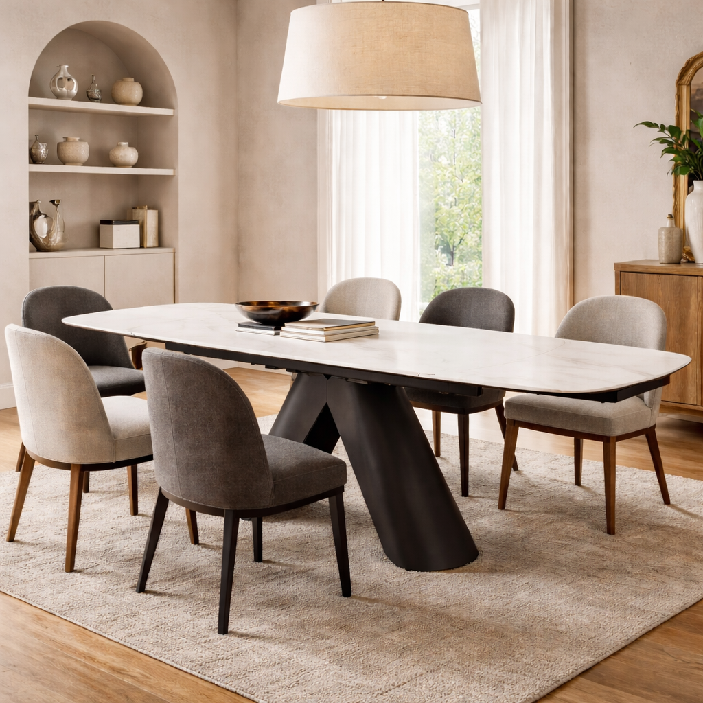 Opulento Extending Dining Table Matt White & Cosmic Grey Vein Ceramic