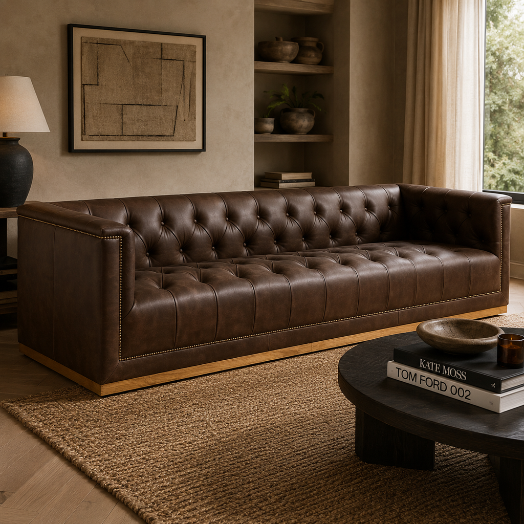 King Three Seater Tufted Leather Sofa