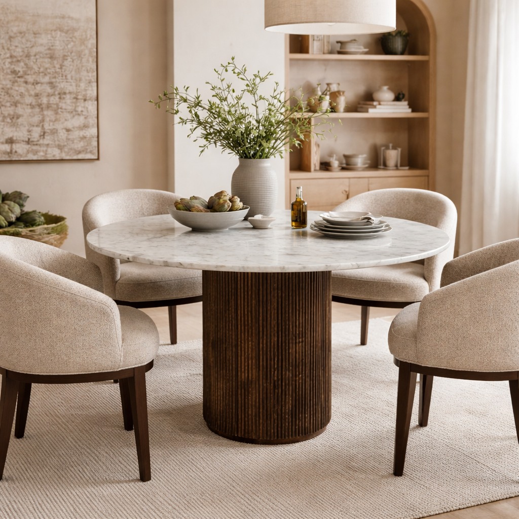 Loriini Mango Wood Dining Table Round With Marble Top