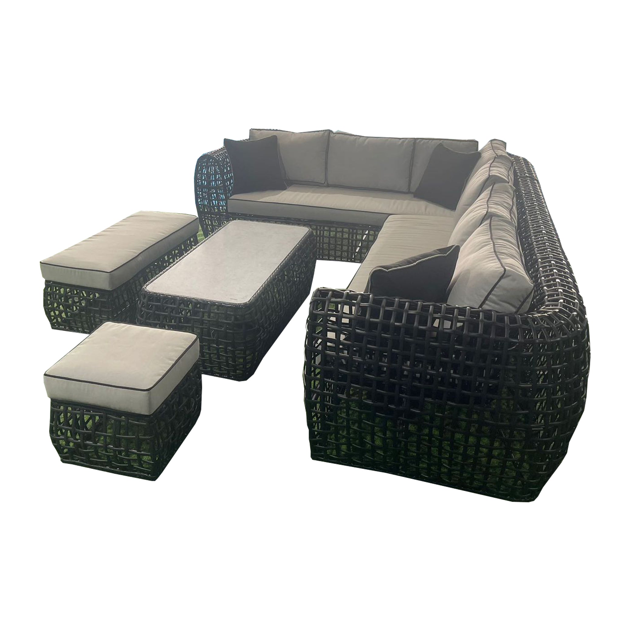 Bali Rattan Corner Sofa And Ceramic Coffee Table With Large And Small Stool