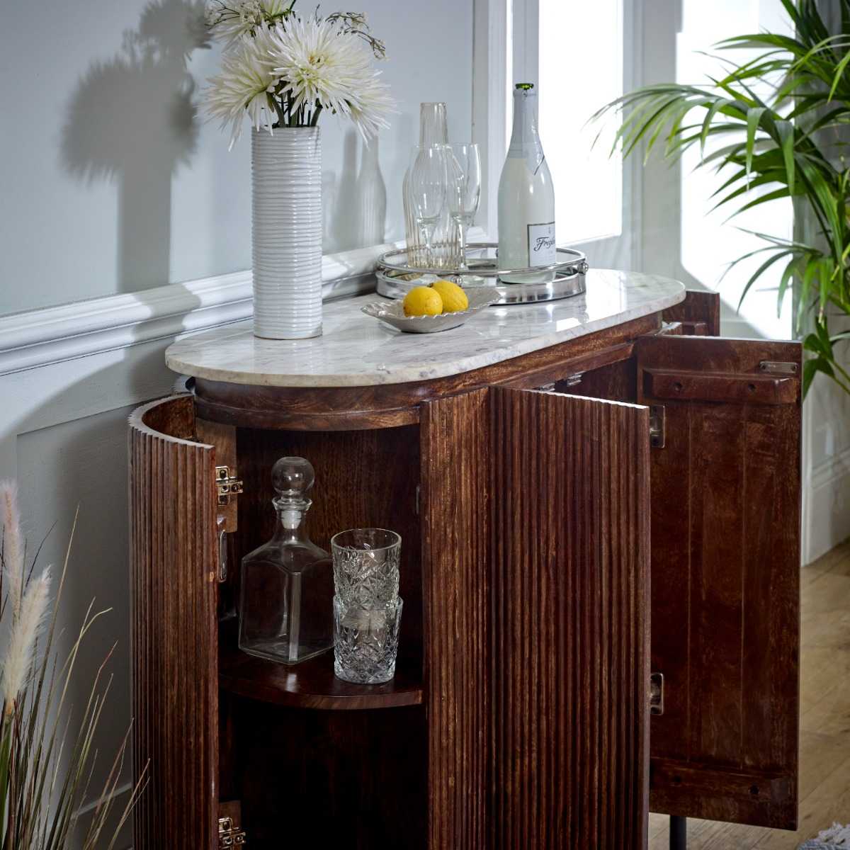 Loriini Solid Wood Sideboard/Drinks Cabinet With Marble Top & Metal Legs