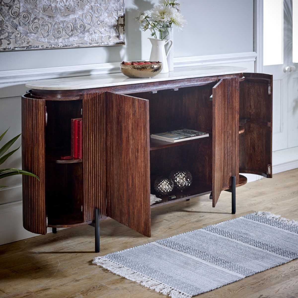 Loriini Mango Wood Sideboard With Marble Top & Metal Legs